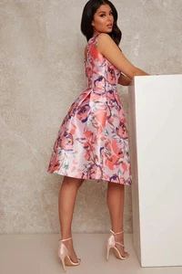 Chi Chi London Curve Pink Floral Skater Dress With Pockets UK 18NEW - Picture 1 of 9