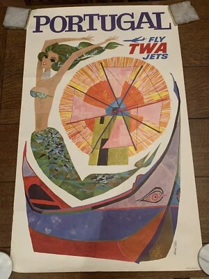 Póster Original Vintage FLY TWA Jets PORTUGAL Mermaid Airline David Klein Años 60 Foto 1 de 4