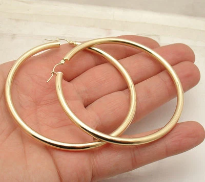 2 1/2» большой простоя блестящие серьги-кольца реальный 10K желтое золото 4 мм X 65 мм  - Изображение 1 из 4