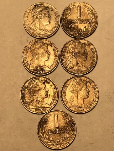 1946 Colombia 1 Centavo - KM275 - Erratic punched Date - Lot of 7 Coins Cover