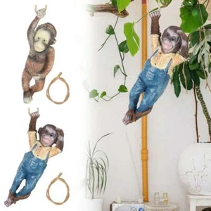 Monkey Chimp Hanging Rope Garden Ornament In/Outdoor Statue Sculpture Resin Gift - Picture 1 of 14