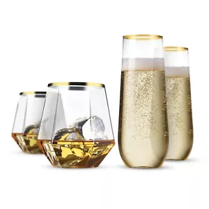Bulk 144pcs BPA-Free Plastic Champagne Flutes & Party Wine Glasses, Gold Rimmed. - Picture 1 of 15