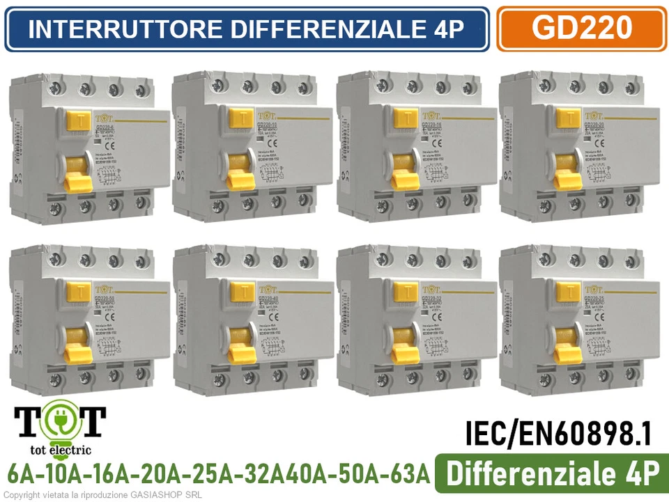 INTERRUTTORE MAGNETOTERMICO DIFFERENZIALE 4P 6A 10A 16A 20A 25A 32A 40A 50A 63A - Immagine 1 di 1