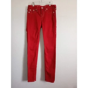 TRUE RELIGION rote Jeans stretchig super skinny low weiße Nähte 5 Pocket Gr. 26 - Bild 1 von 11