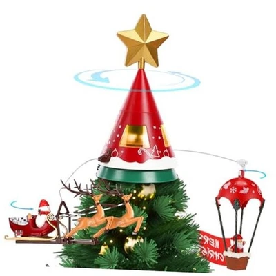 Topper de árbol animado de Navidad con divertido pancarta Santa globo aerostático y alce Foto 1 de 4