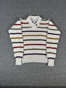 VINTAGE Skiva INT Sweater Womens Large Beige Striped Shawl Collar Wool Blend 70s - Picture 1 of 14