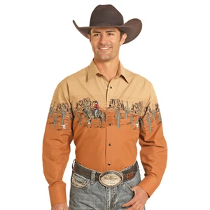 Panhandle Men's Horse & Rider Border Camel Snap Shirt SMN2S04460 - Picture 1 of 6