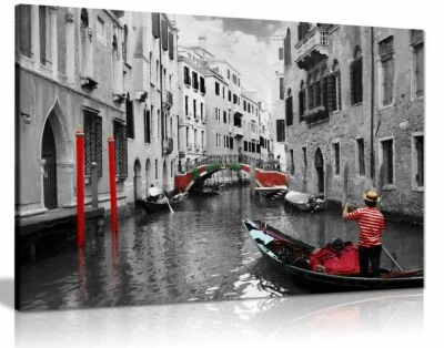 Venice Gondolas Black & White Red Canvas Wall Art Picture Print - Image 1 of 4
