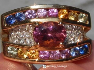 14K YELLOW GOLD TOURMALINE MULTI COLOR SAPPHIRE & DIAMOND HEAVY WIDE BAND RING - Picture 1 of 10