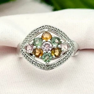 Silver Multi-Gemstone Cluster Ring-Sterling Silver-Citrine-Tourmaline-Prasiolite - Picture 1 of 7