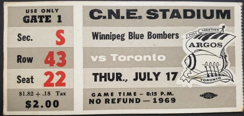 1969 C.N.E. Stadium Winnipeg Blue Bombers vs Toronto Argonauts CFL Football Cover