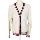 Vintage Liz Sport Cable Knit Cardigan Size M White Red Blue Cotton Gold Buttons