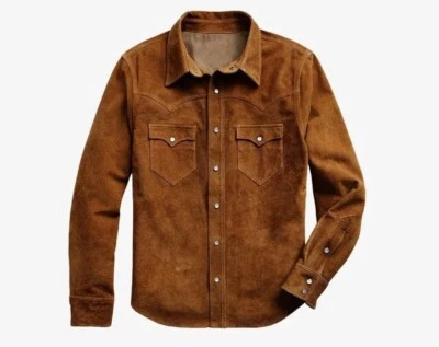 Men Suede Trucker Shirt Real Cowhide Suede Leather Jacket Native American Style - Image 1 of 3