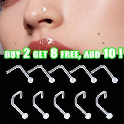 5x Clear Nose Stud Hypo Allergenic Acrylic Plastic Retainer Care Bar L Shape - Image 1 of 4