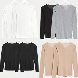 EX M&S Womens Pack of 2 Thermal Long Sleeve Pointelle Tops Ladies Vest Size 6-28 - Picture 1 of 21