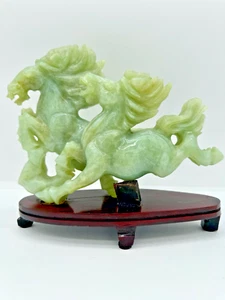 Vintage Hand Carved Jade Running Horses on Wood Stand - Picture 1 of 11