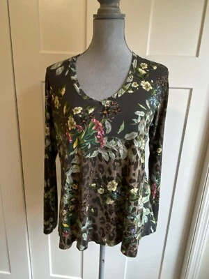 Camisa Johnny Was Pequeña Floral Verde Boho Sedoso Jardín Cuello en V Ceniza Leopardo Columpio R2 Foto 1 de 4