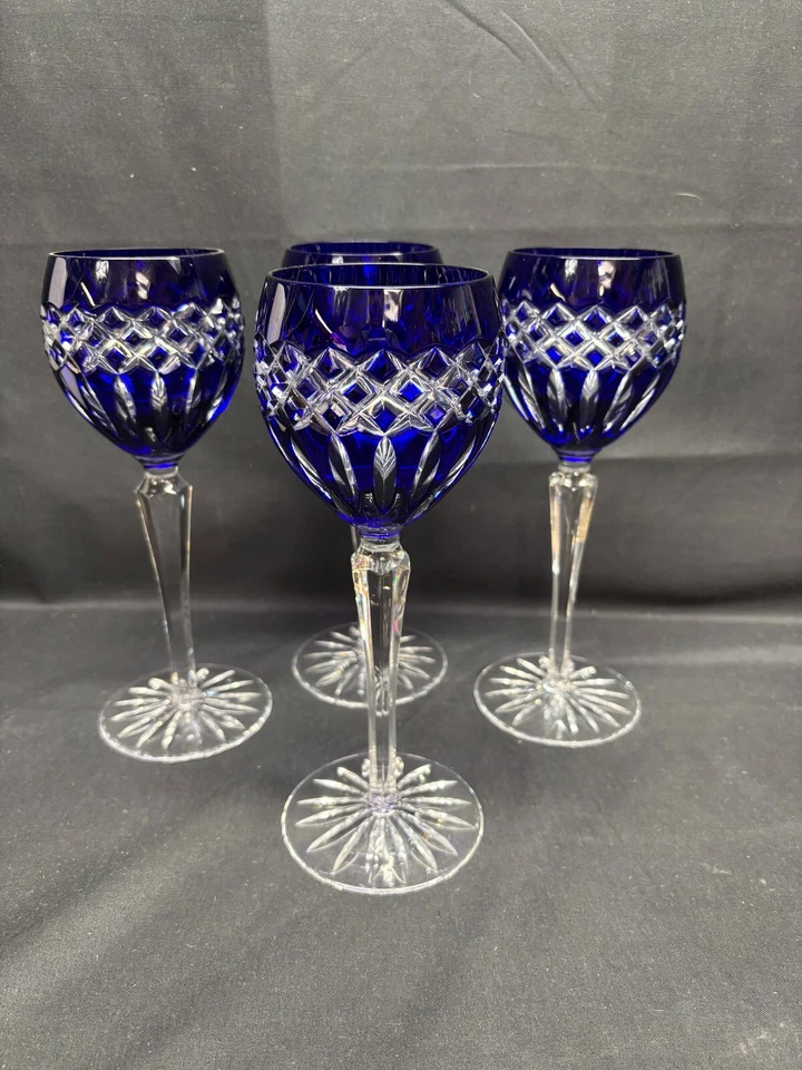 Juego de 4 ~ Corvejones de Vino Bohemios "CORTE DE COBALTO PARA LIMPIAR" ~ 8 1/2" de Alto Foto 1 de 4