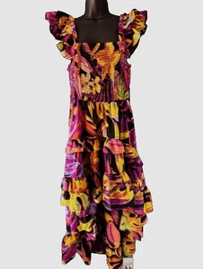 Truth NYC L Hi Lo Dress Black Yellow Floral Smock Ruffled Boho Bold Statement - Picture 1 of 9