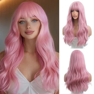 24 Inches Long Wavy Pink Wig for Women Natural Synthetic Hair Heat Resistant ... - Picture 1 of 8
