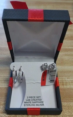 2 Pairs Earring Set Lab Created White Sapphire & Sterling Silver NIB with tags - Image 1 of 4