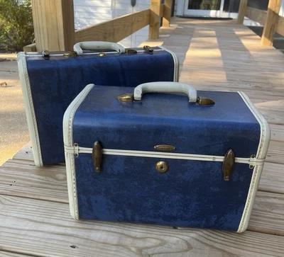 Vintage Samsonite Streamlite Shwayder 4721 Blue Marble 2 PC Luggage Set 1950s - Image 1 of 4