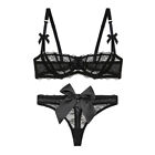 Varsbaby Half Cup Lace Unlined Bra Set Sexy Transparent Sheer Underwear With Bow