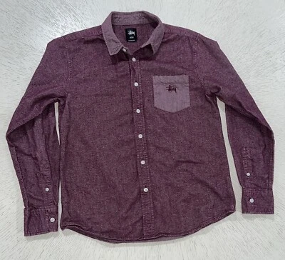 Camisa Stussy Manga Larga Botón Adolescente Mediana Violeta Bolsillo Informal Foto 1 de 4