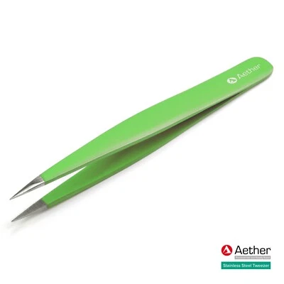 Aether® Tweezers Stainless Steel Eyebrow Hair Pluckers Green Pointed Slanted