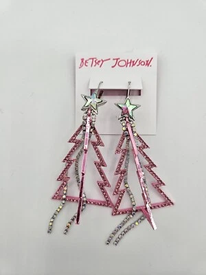 Pendientes colgantes Betsey Johnson rosa brillante árbol de Navidad navideño Foto 1 de 3