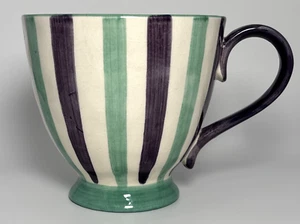Pier 1 Coffee Mug Green & Purple Striped Hand Painted Stoneware Footed 16 oz GUC - Picture 1 of 8