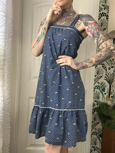 Vtg 1970's Novelty Print Sailboat Sun Dress Ruffle Hem Nautical Resort Marine S - Picture 1 of 6