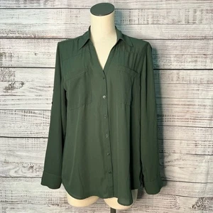 Express The Portofino Shirt Solid Green Large Button Down Roll Tab Long Sleeves - Picture 1 of 9