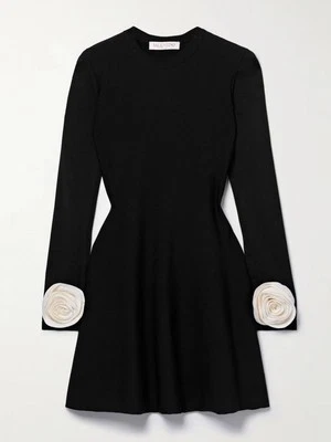 VALENTINO Black/White Rosette Cuff Long Sleeve Mini Sweater Dress Size L - Image 1 of 4