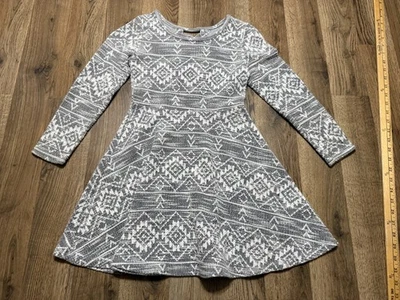 Place Dress Youth Girls Size Medium 7/8 Grey White Fair Isle Long Sleeve Dress - Image 1 of 4