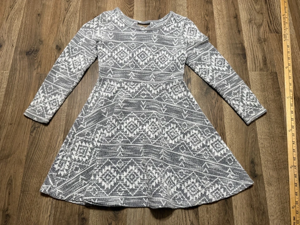 Place Dress Youth Girls Size Medium 7/8 Grey White Fair Isle Long Sleeve Dress - Image 1 of 4