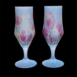 Set of 2 Nouveau Art Watercolor Glass Rueven Wine Goblets Hand-painted, 7” Tall - Picture 1 of 8