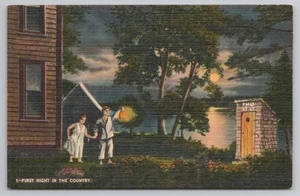 First Night in Country Funny Outhouse Humor Postcard - Picture 1 of 2