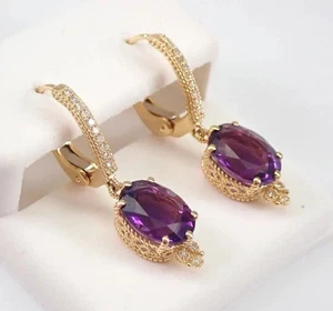 4Ct Oval Cut Lab Created Amethyst Drop/Dangle Earrings 14K Yellow Gold Plated - Picture 1 of 8