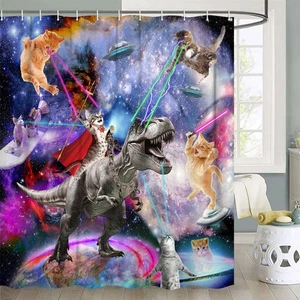 Funny Cat Shower Curtain, Cool Dinosaur Japanese Ocean Wave Shower Curtain, C... - Picture 1 of 9