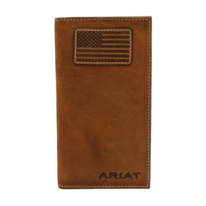 ARIAT Portafoglio uomo rodeo in pelle marrone liscia con toppa bandiera USA - Foto 1 di 3