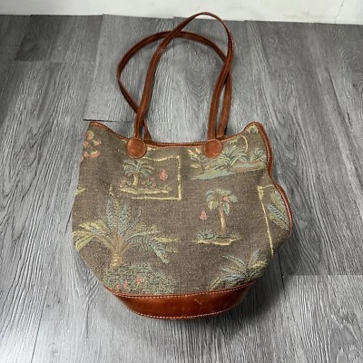 Tommy Bahama Vintage Handmade Tropical Palm Trees Canvas Round Leather Bag - Image 1 of 4
