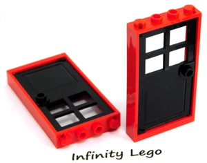 2 LEGO Red Window Frame 1x4x6 with Black 4 Panes Door with Handle 60623 60596 - Bild 1 von 1