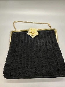 Bolso sin asas vintage de noche con estrás y cadena dorada negra broche de flores - Imagen 1 de 16