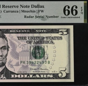 2017A $5 Federal Reserve Note PMG 66EPQ - Fancy Radar Serial Number - 39422493 - Picture 1 of 3