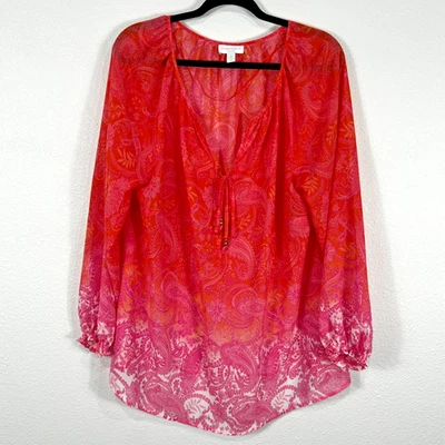 Blusa Charter Club Floral Cachemira Transparente Manga Larga Para Mujer 1X Cuello Atado Tinte por Inmersión Foto 1 de 4