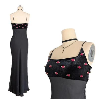 Vintage Zum Prom Dress Maxi Gown M Black Velvet Goth Y2K Babydoll Floral Grunge - Image 1 of 4