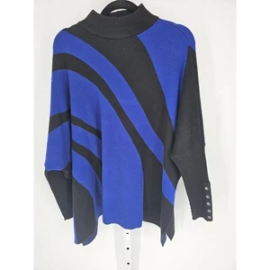 Poncho maglione oversize Chico’s blu royal e nero a righe finto collo taglia S/M - Foto 1 di 6
