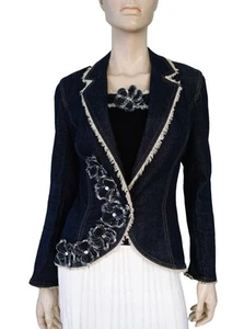 VINTAGE Y2k ESCADA 34 US 4 Floral Applique Fringed Denim Blazer - Picture 1 of 6