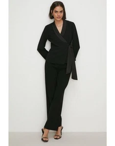 Oasis Satin Collar Wrap Crepe Blazer Black Size 12 BNWT - Picture 1 of 5